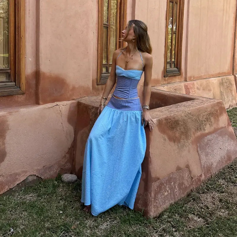 Zweifarbig blaues, trägerloses zweiteiliges Set aus Korsagenkleid mit elastischem Taillenverschluss und tailliertem Verschlusstyp-Korsagenoberteil sowie fließendem Rock