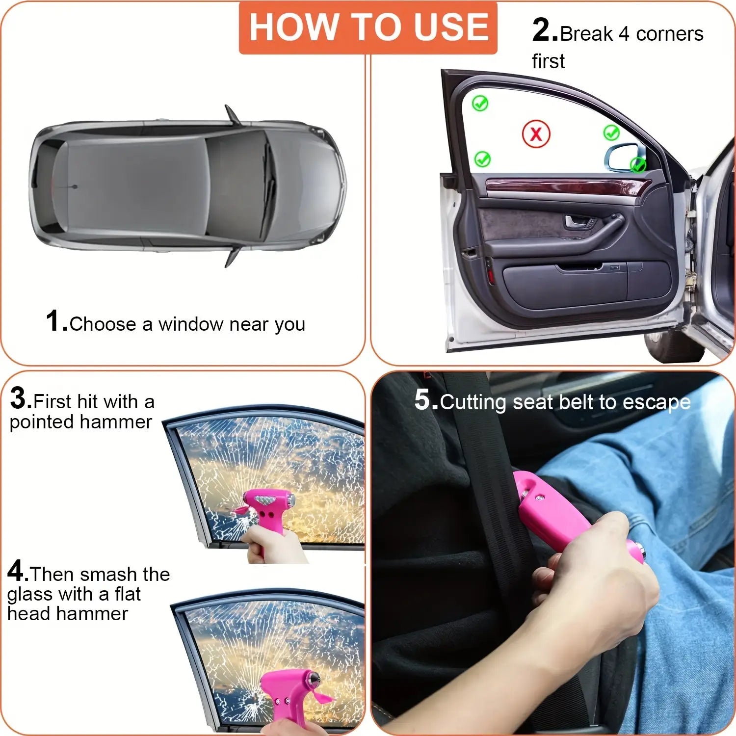 Herramienta portátil de escape de emergencia tipo martillo de seguridad para vehículos que presenta un martillo y un cortacinturones para situaciones de emergencia del vehículo.