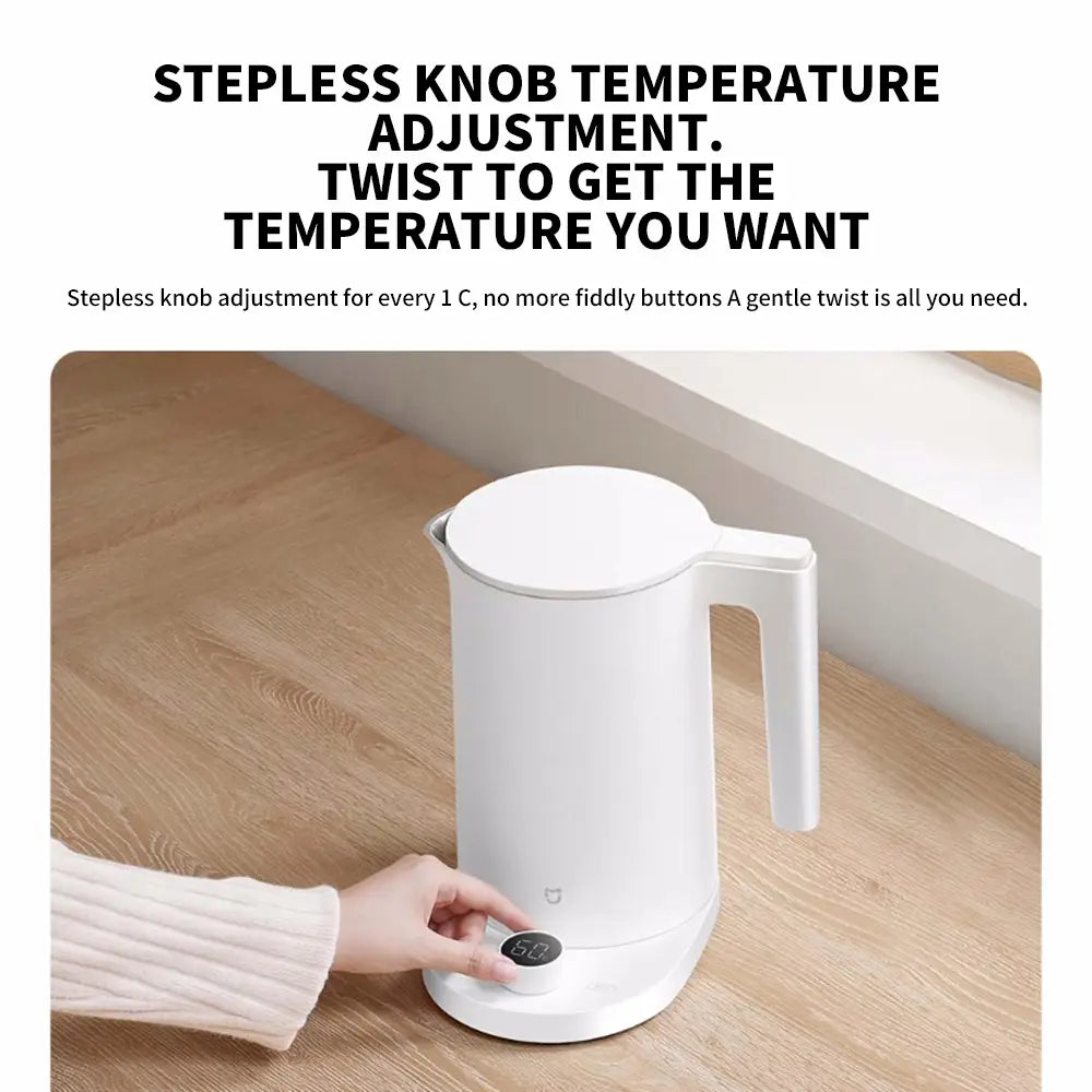 Xiaomi Mijia Smart Kettle 2 Pro Elektro-Wasserkocher in Weiß mit eleganter minimalistischer Gestaltung und digitaler Temperaturanzeige am Sockel.