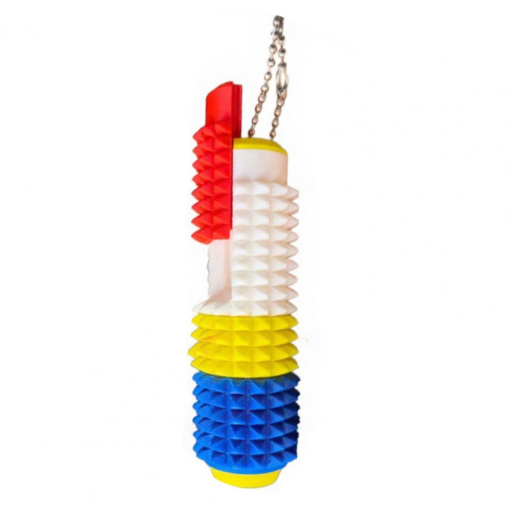 Un colorido rodillo giratorio para fidget con pinchos, con secciones en rojo, blanco, amarillo y azul, diseñado como juguete antiestrés tipo fidget 5 en 1