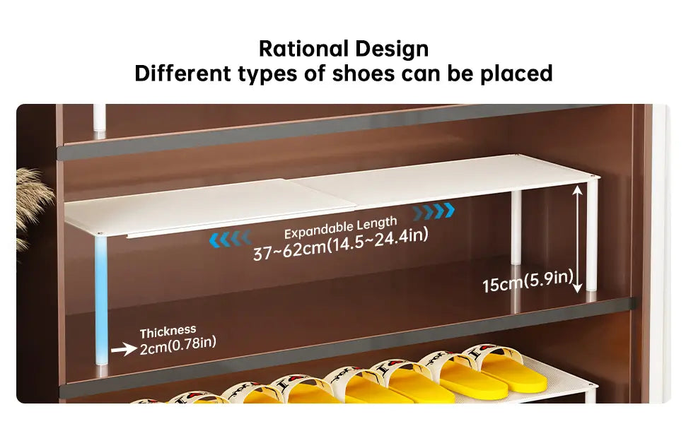 Expandable white metal shoe rack storage organizer with adjustable length and 2cm thickness designed to fit various types of shoes