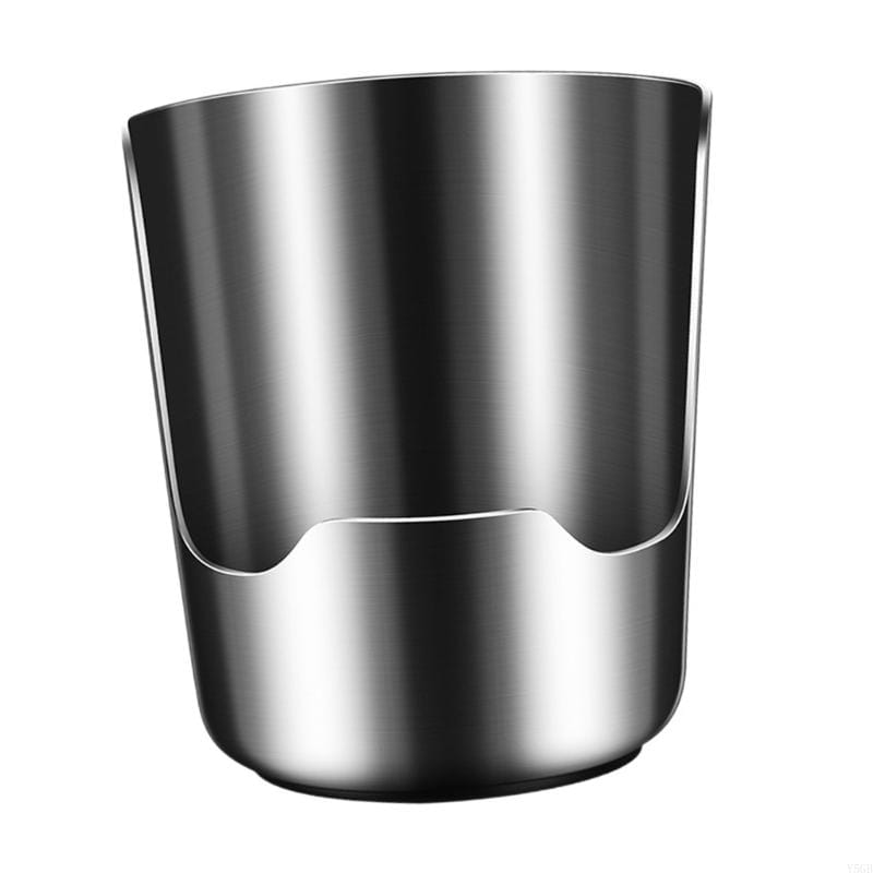 A sleek cylindrical stainless steel pot lid and spoon holder stand with a modern minimalist design and smooth reflective surface.