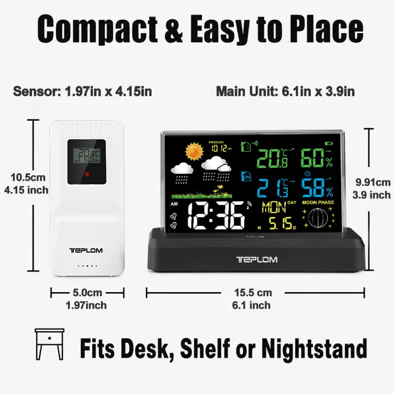 Black digital wireless weather station with colorful led display showing time temperature humidity and moon phase designed for indoor and outdoor temperature monitoring powered by lr6 aaa batteries