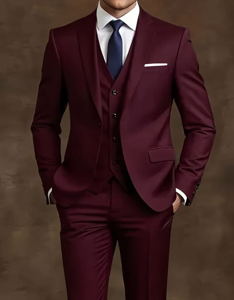 Herren schwarzer Slim-Fit-Anzug einreihiger Smoking mit einem markanten maronroten Dreiteiler in taillierter Passform, passender Weste und Hosen in glattem Stoff, ein Knopfverschlussart