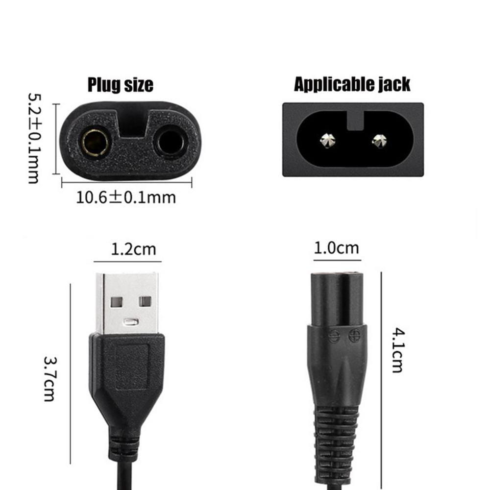 schwarzes USB-Netzteil-Adaptergerät mit zweipoligem Stecker und zylindrischer Hohlbuchse für das Ersatz-USB-Ladekabel des Meridian-Elektrorasierers, dargestellt von der Rückseite.