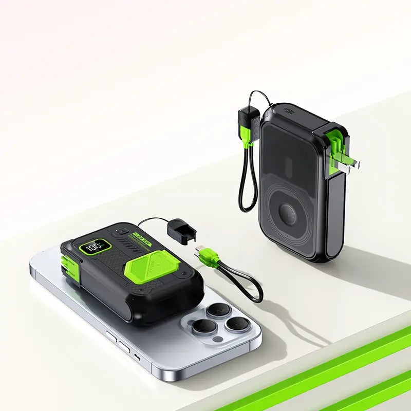 Schwarze und neongrüne Powerbank 20000 mAh 22,5 W kabelloses tragbares Ladegerät mit digitaler Anzeige, USB-C-Anschluss und integriertem Kabel für Energiespeicher-Ladegerät und bequemes Laden unterwegs.