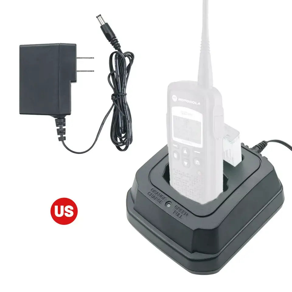 Ladegerätegrundplatte aus schwarzem Motorola Funkgeräteladegerät für DTR620 und DTR650 mit integriertem Netzadapter und spiralförmigem Kabel, ausgelegt für effizientes Laden.