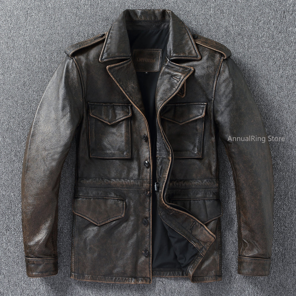 Classic M43 Trench Coat Cowhide Military Genuine Leather Jacket Medium and Long Multi-pocket Mens Vintage Leather Jacket