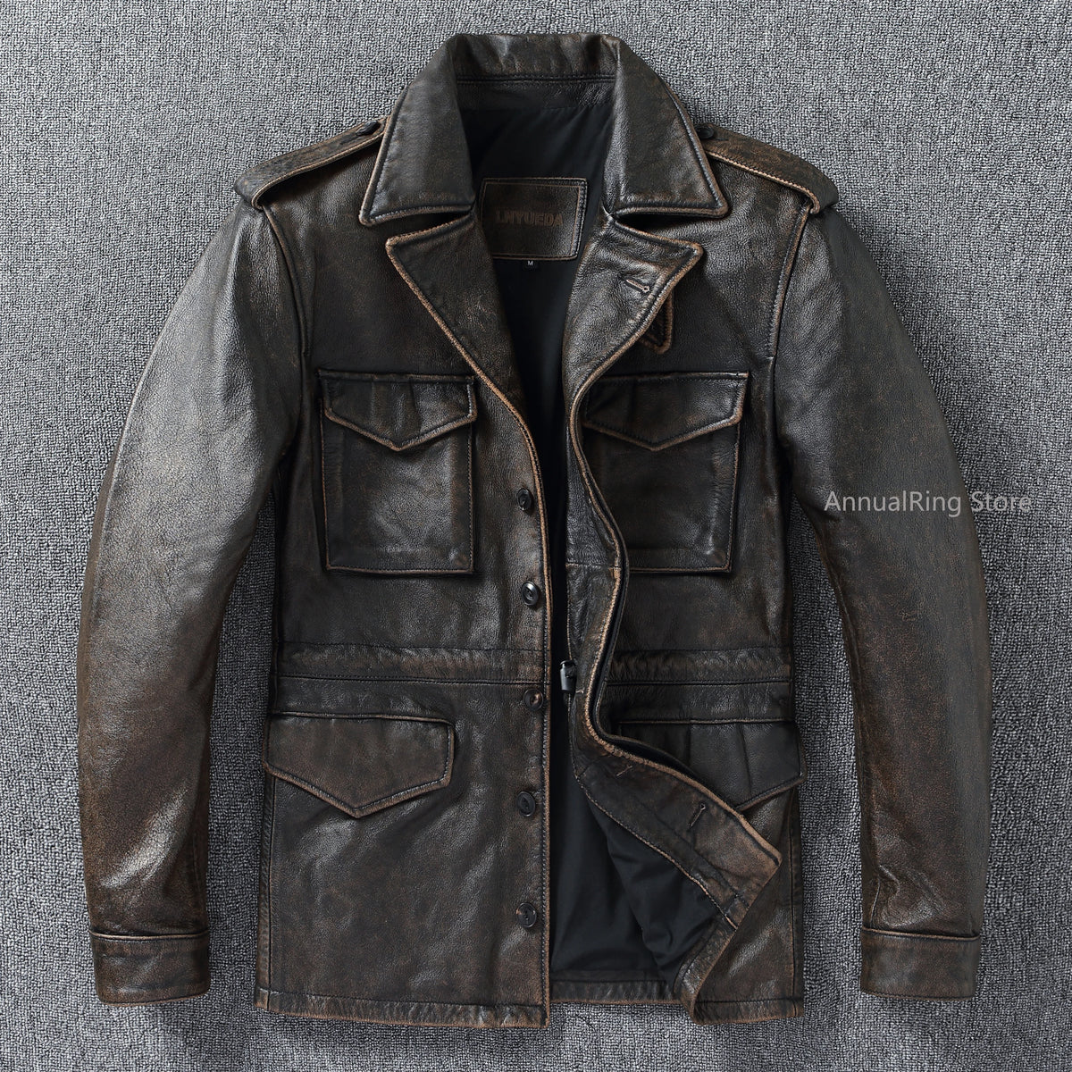 Classic M43 Trench Coat Cowhide Military Genuine Leather Jacket Medium and Long Multi-pocket Mens Vintage Leather Jacket