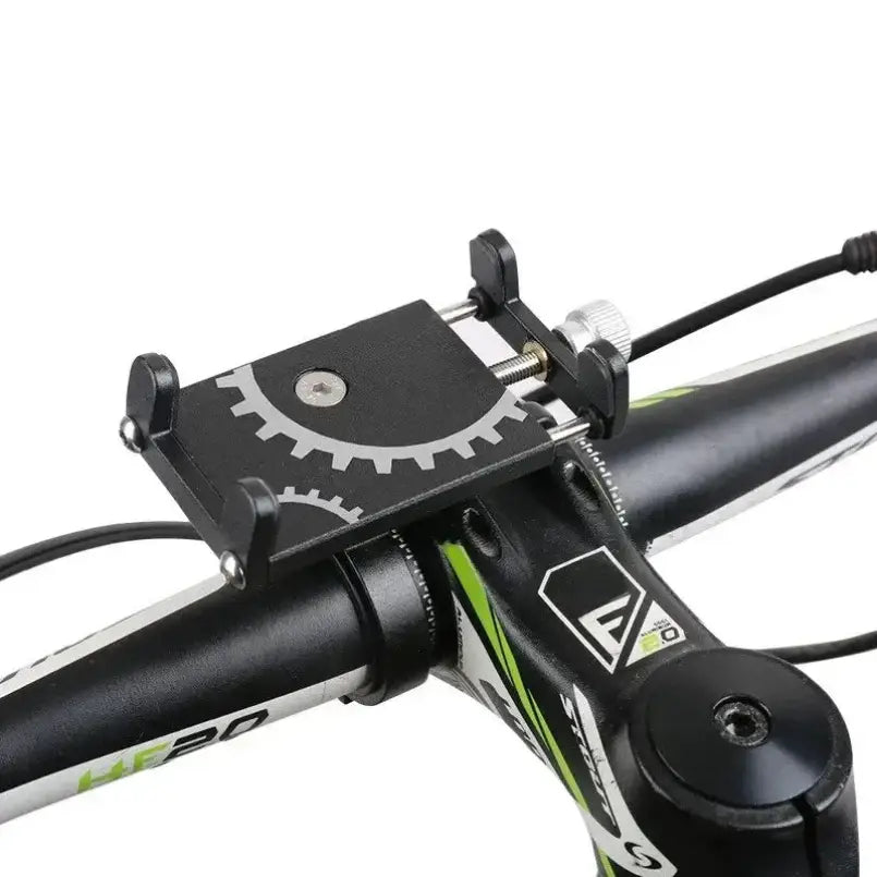 Soporte para teléfono para bicicleta de metal negro con un soporte para manillar con diseño de engranajes plateado y una abrazadera ajustable