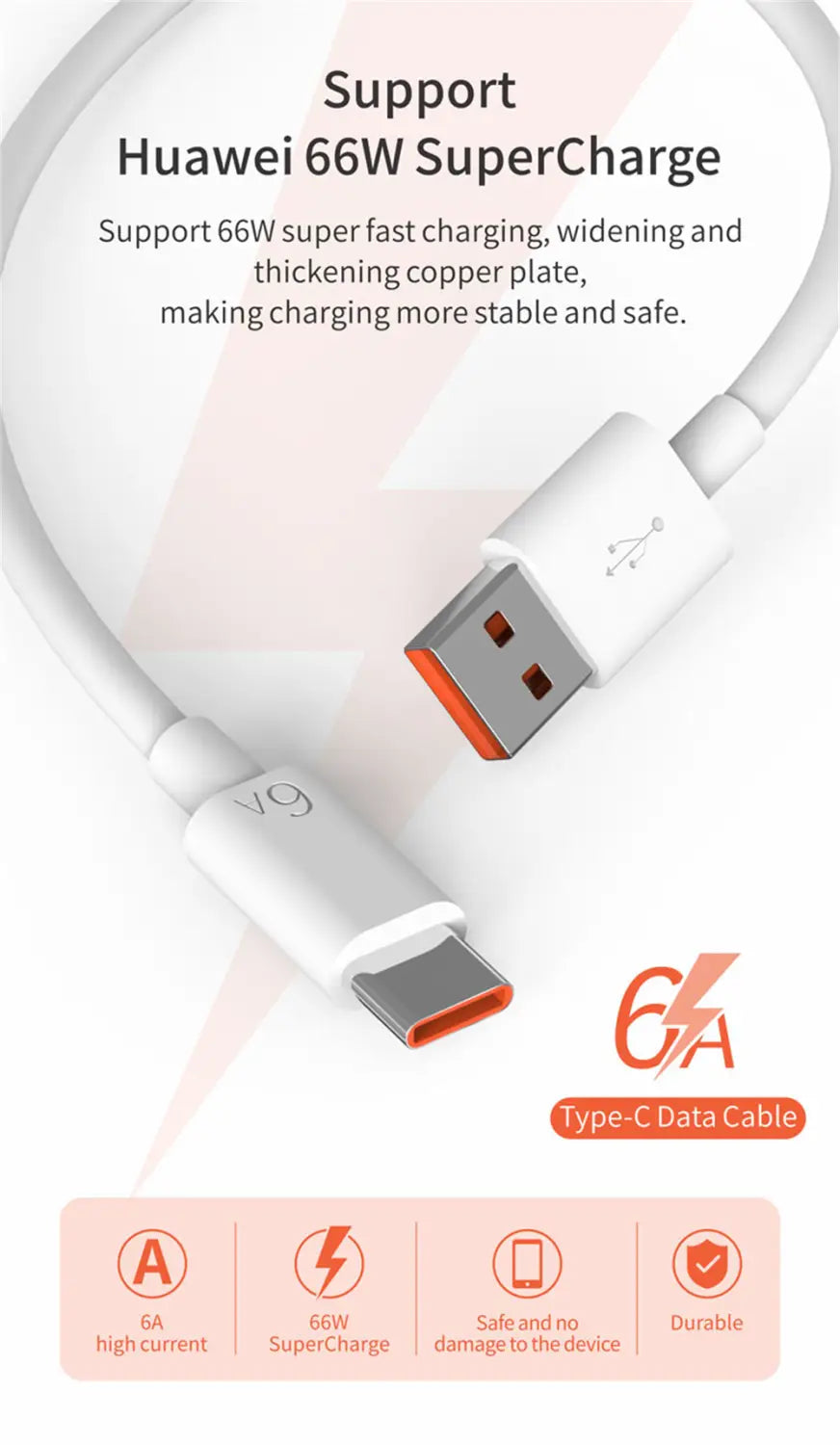 Câble de données Huawei supercharge Type-C 66 W blanc avec accents orange et plaque en cuivre renforcée pour une charge rapide et stable, inclus avec le chargeur mural UE rapide 66 W.