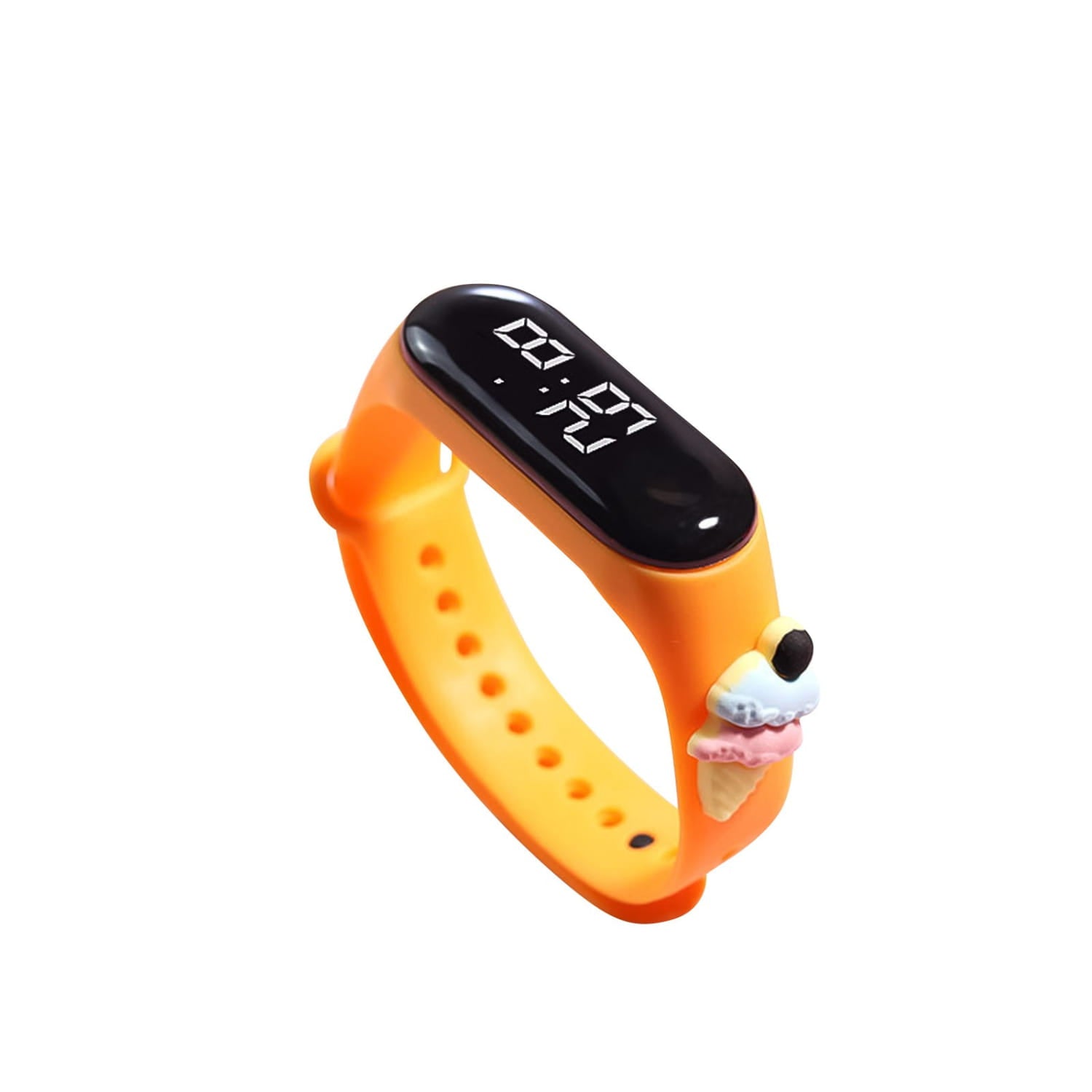 Bright orange kids silicone digital watch with a black digital display and a colorful ice cream charm made from life waterproof silicone material.