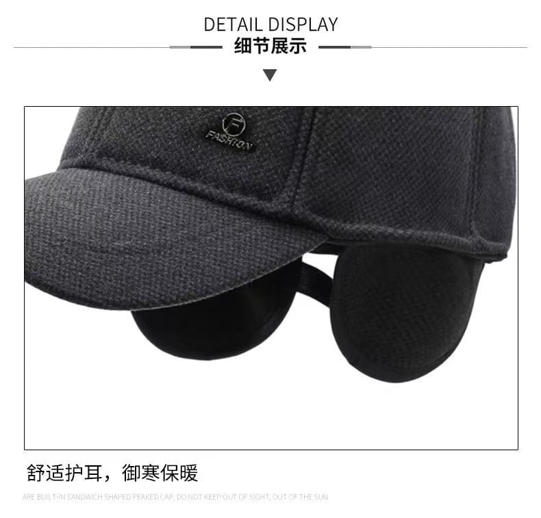 Bonnet d’hiver noir en laine, avec rabats d’oreilles et petit logo brodé à l’avant, conçu comme une casquette de baseball d’hiver pour homme à rabats d’oreilles, chapeau en laine chaude.