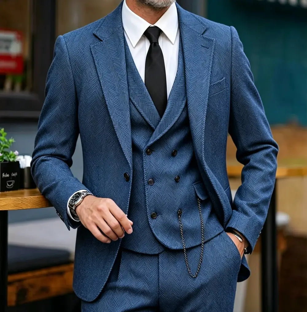 Blauer Hahnentritt-gestreifter Herren-Tweed-3-teilig-Anzug mit Schalkragen und Doppelreiherweste, zusammen mit einer Größentabelle dargestellt.