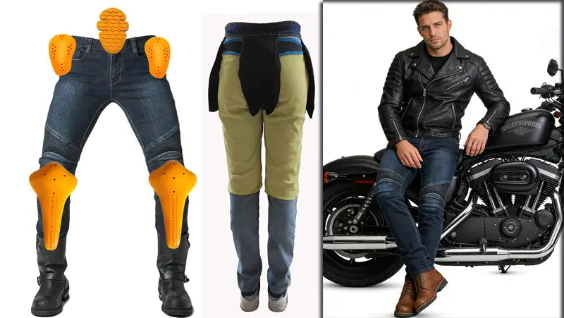 orange protective knee and hip pads for motorcycle riding with a durable rubber-like texture designed to fit over denim jeans as part of breathable protective gear