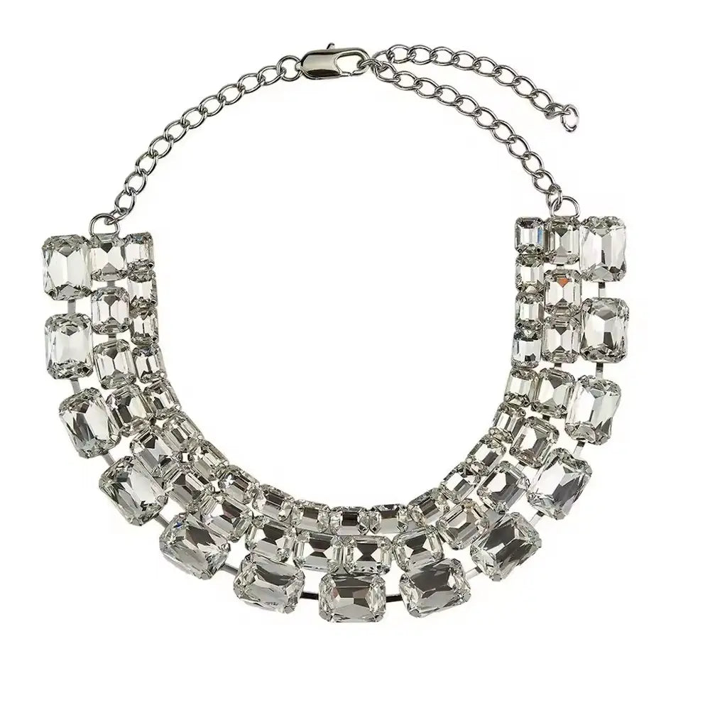 Silver-toned crystal statement choker necklace for women featuring multiple rows of clear faceted rhinestones in a layered design with matching chain and clasp.