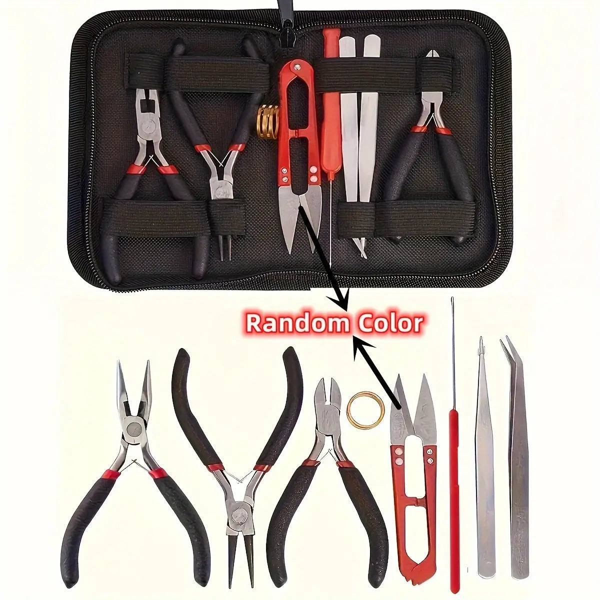 diy jewelry making tool set 8-piece kit with red and black jeweler’s tools in a zippered case for crafting and repair tasks