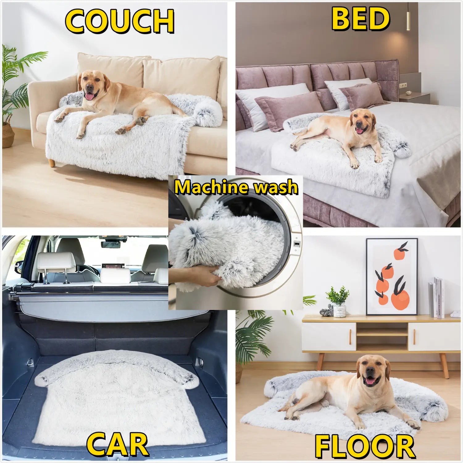 fluffy white pet blanket made of plush faux fur for a washable warm dog bed sofa nest.