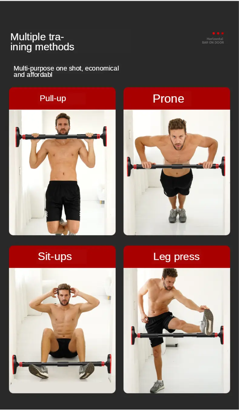 Barre de traction pour porte ajustable noire et rouge, à conception multifonction et poignées réglables pour tractions, pompes, redressements assis et développé pour les jambes, pour le fitness à domicile.