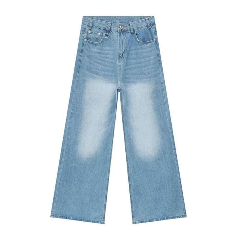 Iefb camouflage wide leg denim jeans in light-wash denim with a wide-leg cut and faded distressing on the thighs.