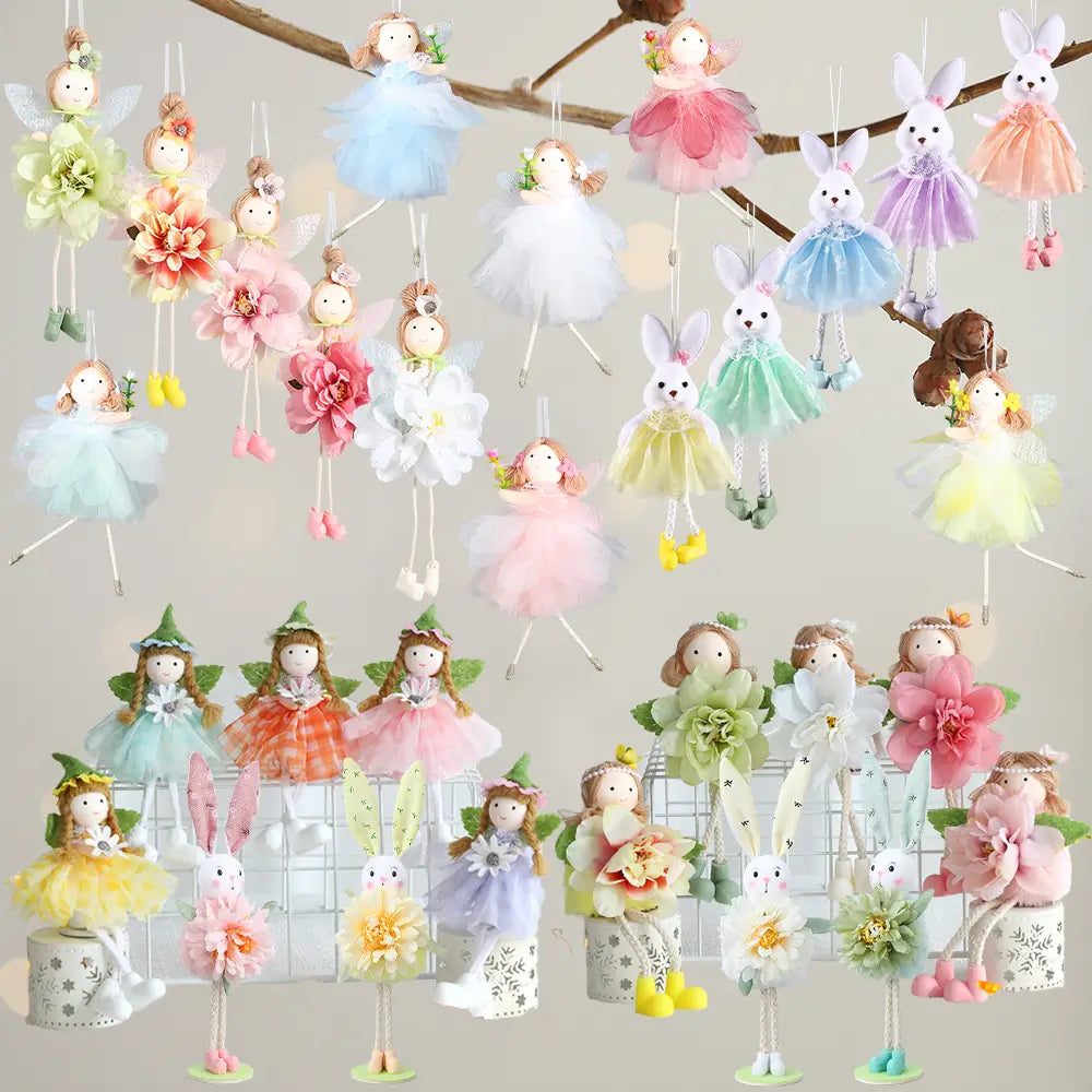 Österliche Hasen-Feen-Ornamente in Form von hängenden Deko-Objekten mit pastellfarbenen Stoffkörpern, zarten Tüllröcken und floralen Akzenten.