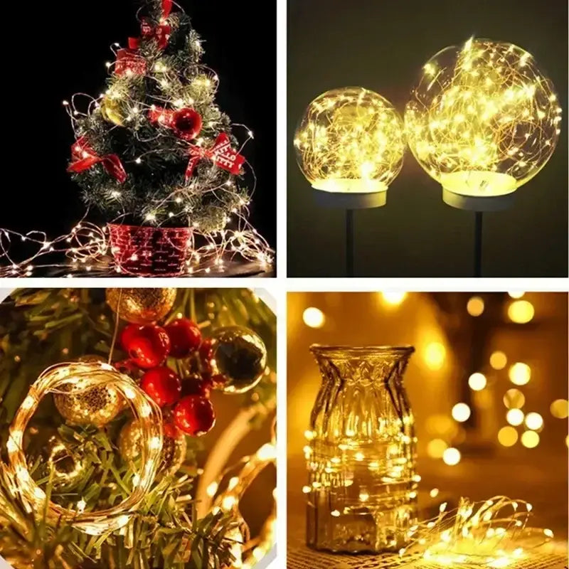 guirlandes lumineuses dorées sur fil de cuivre disposées dans diverses formes décoratives, notamment un sapin de Noël, des lanternes sphériques et enroulées autour d'ornements pour un usage en extérieur