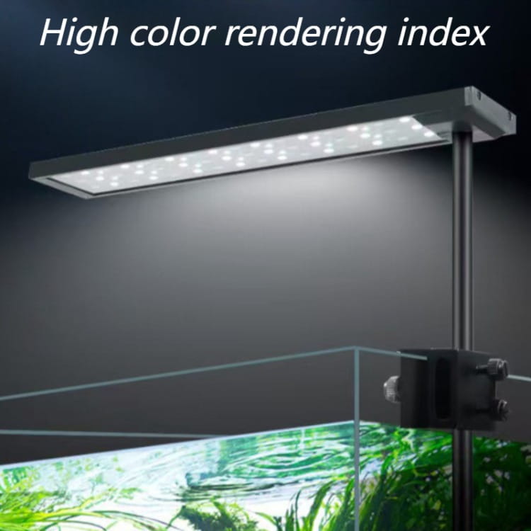 Luz para tanque de peces de aleación de aluminio negra y rectangular con múltiples bombillas blancas brillantes dispuestas en una fila, DC12V, espectro completo.