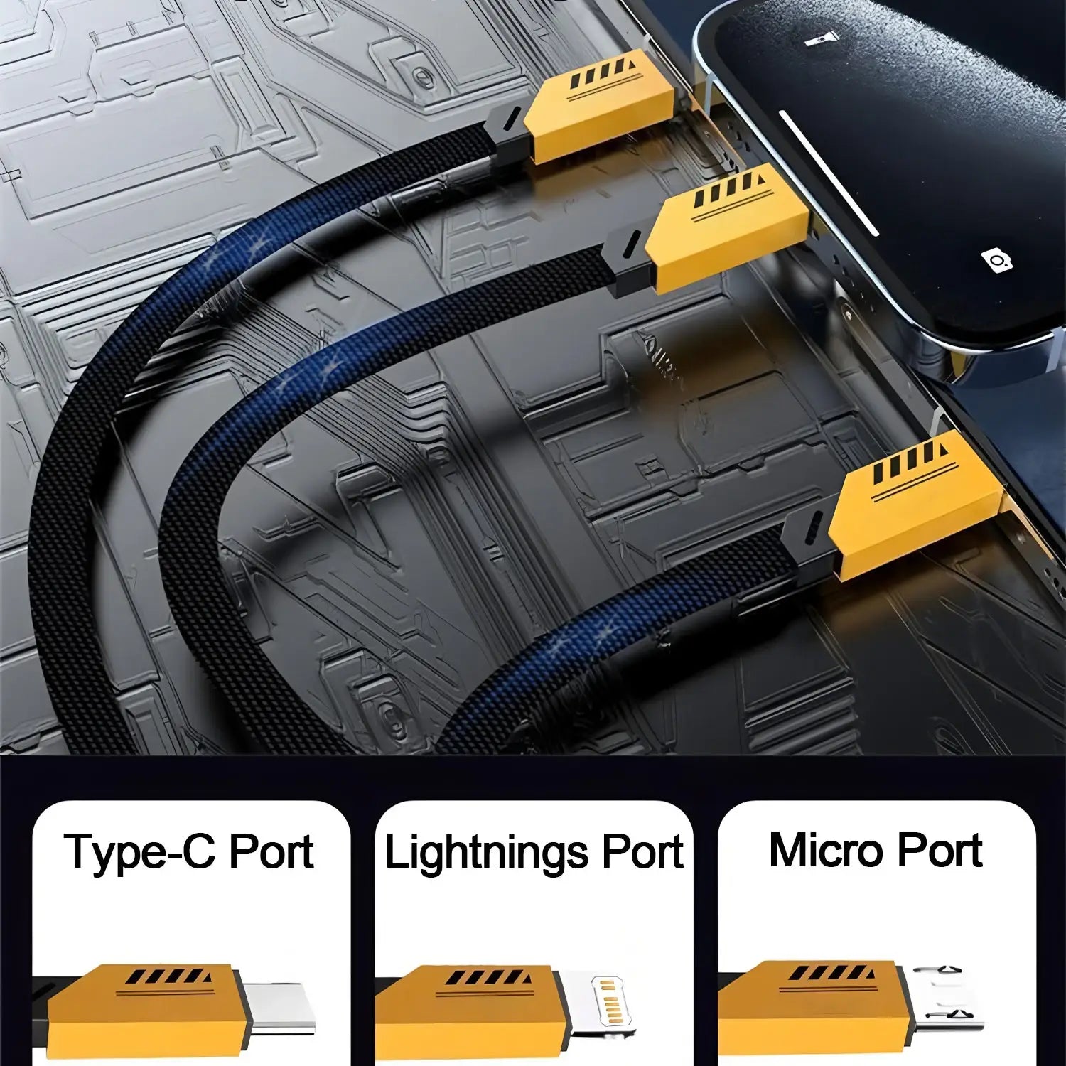 Câble de charge multi 240 W tressé noir, 3 en 1, rapide, avec connecteurs jaune vif et ports type-C Lightning et micro USB.
