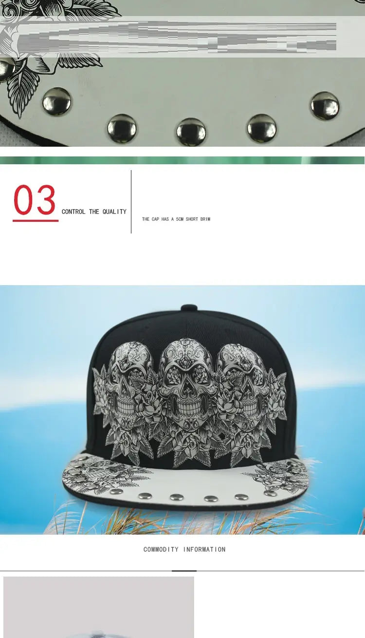 Black snapback cap with intricate silver skull and floral embroidery and a white studded brim, known as the Sugar Skull Rivet Snapback Baseball Cap.