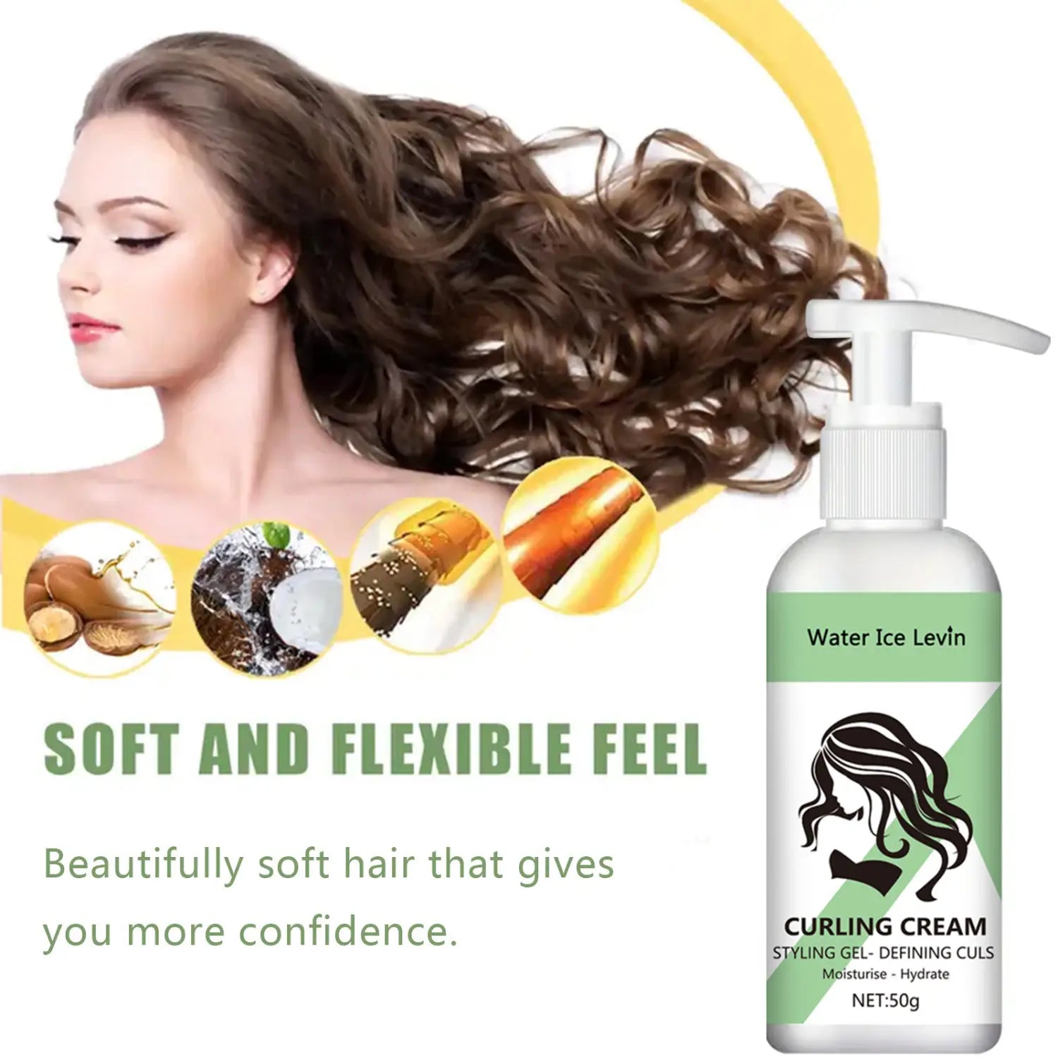 Botella dosificadora blanca de crema rizada de hielo para el cabello Levin con etiqueta verde y blanca y diseño de silueta negra, para potenciar rizos con queratina y biotina.