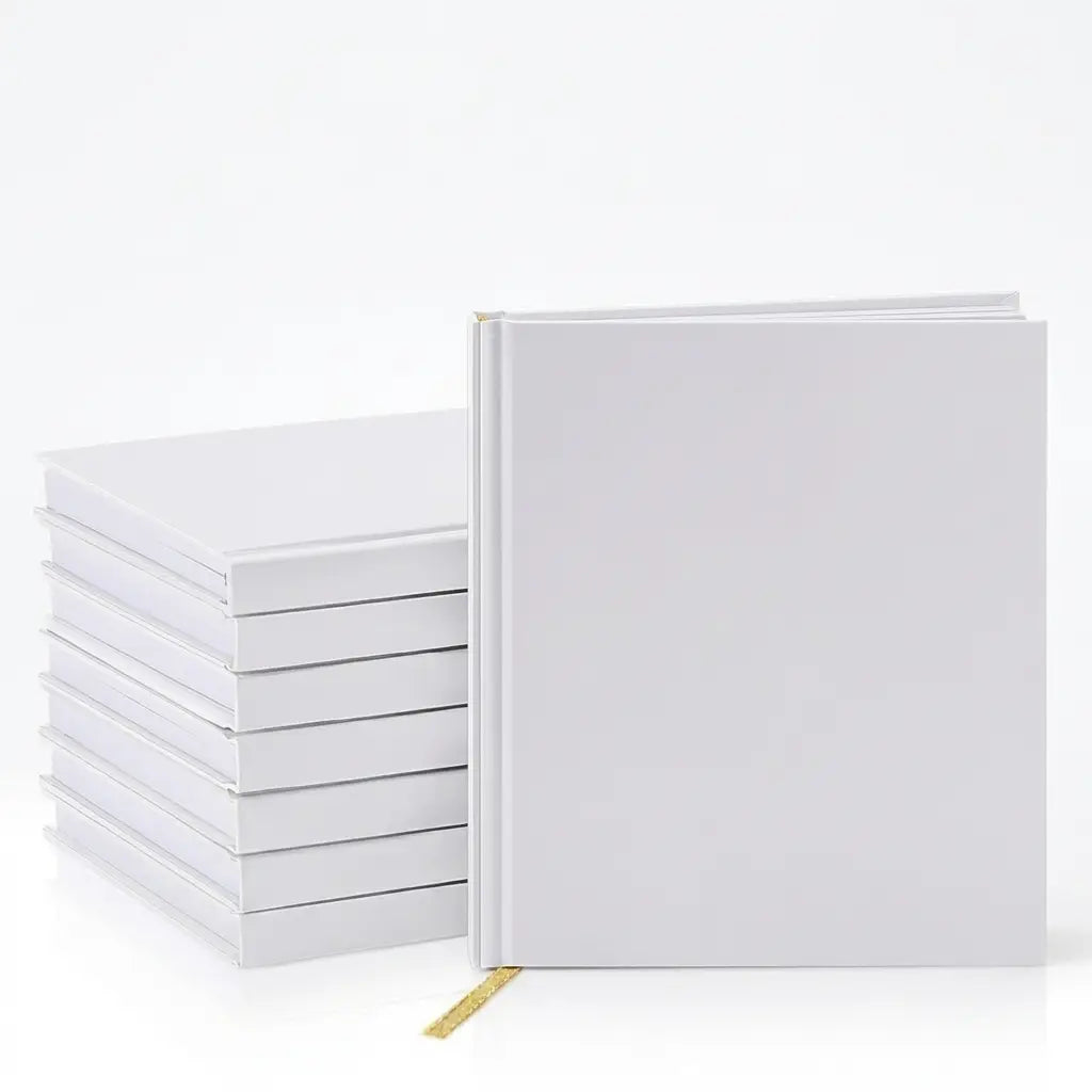 Un élégant livre d'invités de mariage à couverture rigide blanche, au design minimaliste et avec un marque-page doré discret, destiné aux albums-souvenirs.