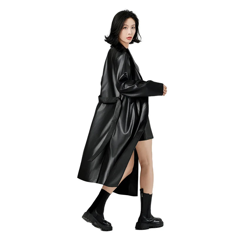 Faux Leather Coats Women Trench Jacket Pu Outerwear Belt Tight Waist Turn Down Collar Autumn Punk Streetwear Windbreaker