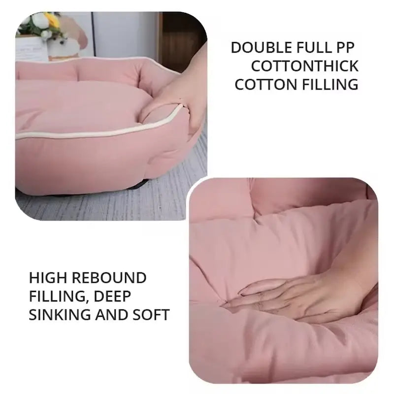 Large pink plush sofa sleeping bed for dogs with thick double-full PP cotton filling and contrasting cream-colored trim.