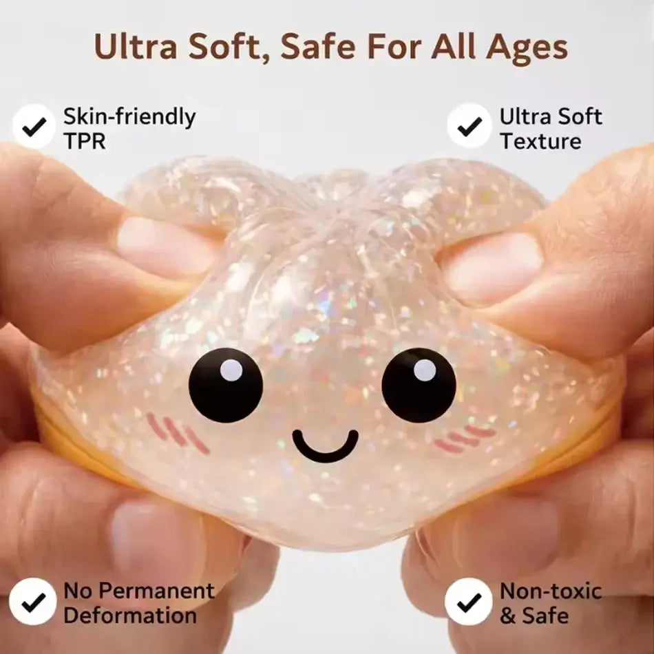 A translucent glittery heart-shaped stress ball made of ultra soft tpr material for stress relief and fidgeting