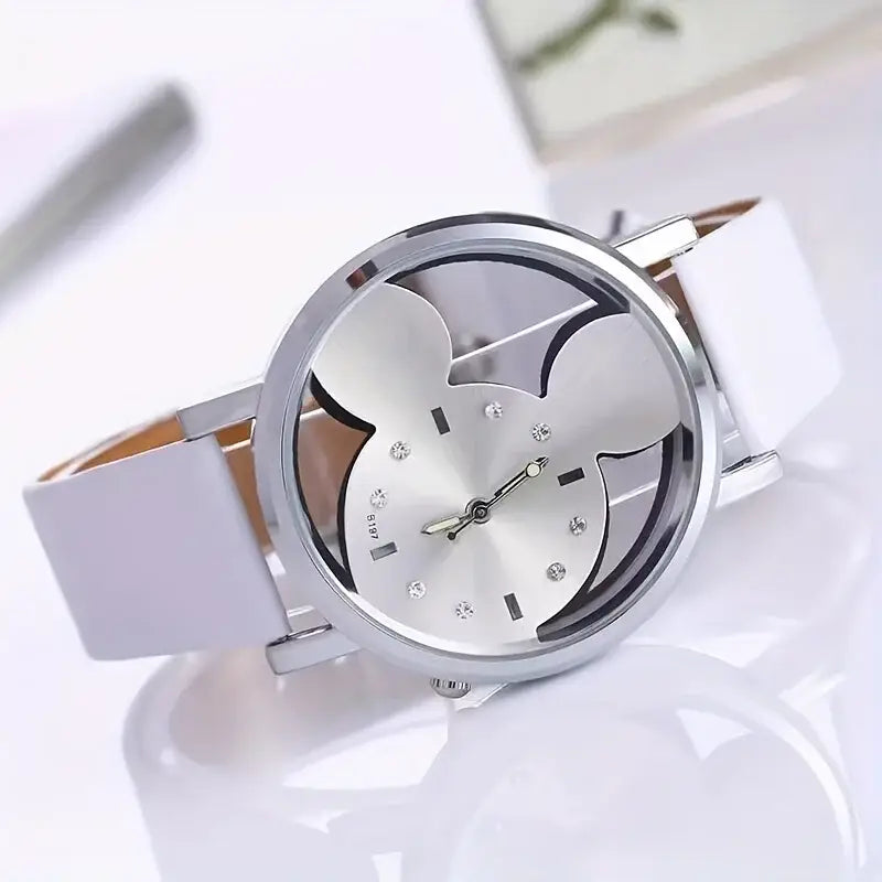 Silver Mickey Mouse-themed kids quartz watch with a white leather strap and crystal accents.