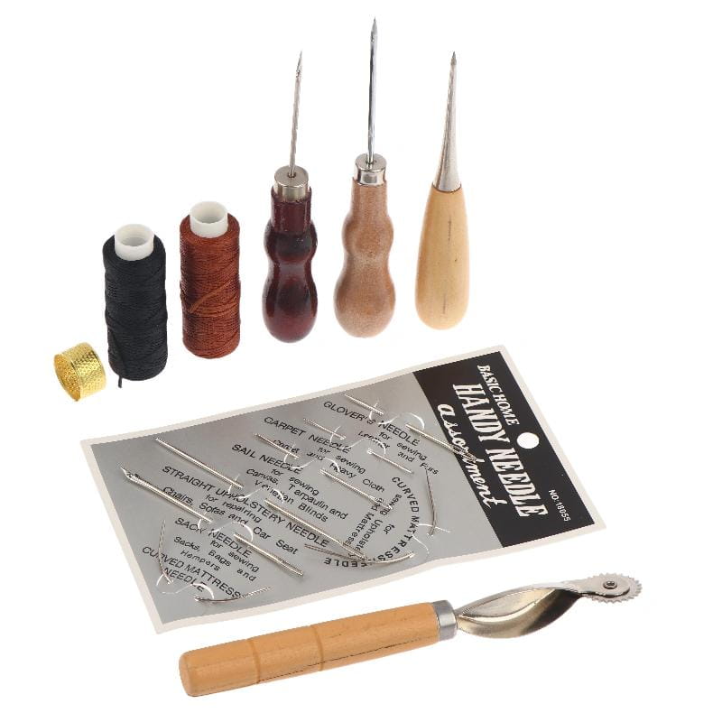 wooden-handled embroidery needle set with assorted metal needles and spools of black and brown thread in a leather sewing tool kit for diy craft and repair