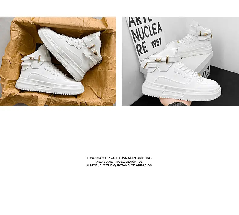Men white high top sneakers featuring a clean minimalist design with chunky gold buckle accents.