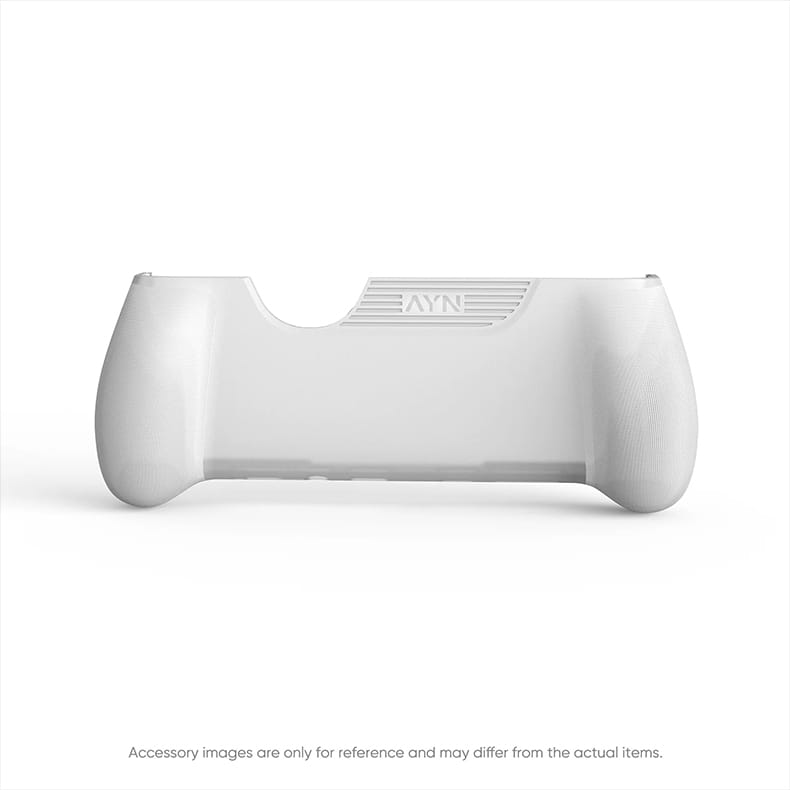 Weißer Kunststoff-Ayn-Thor-Gamecontroller-Griff mit strukturierter Oberfläche und erhabenem Ayn-Logo aus dem Zubehöretui und dem TPU-Griff-Set