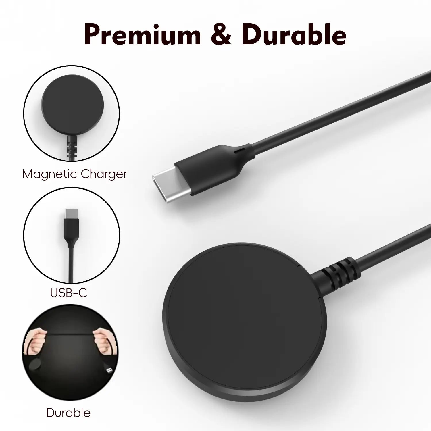 black circular magnetic wireless charger with usb-c cable compatible with galaxy watch and usb a and c ports designed for convenient device charging.