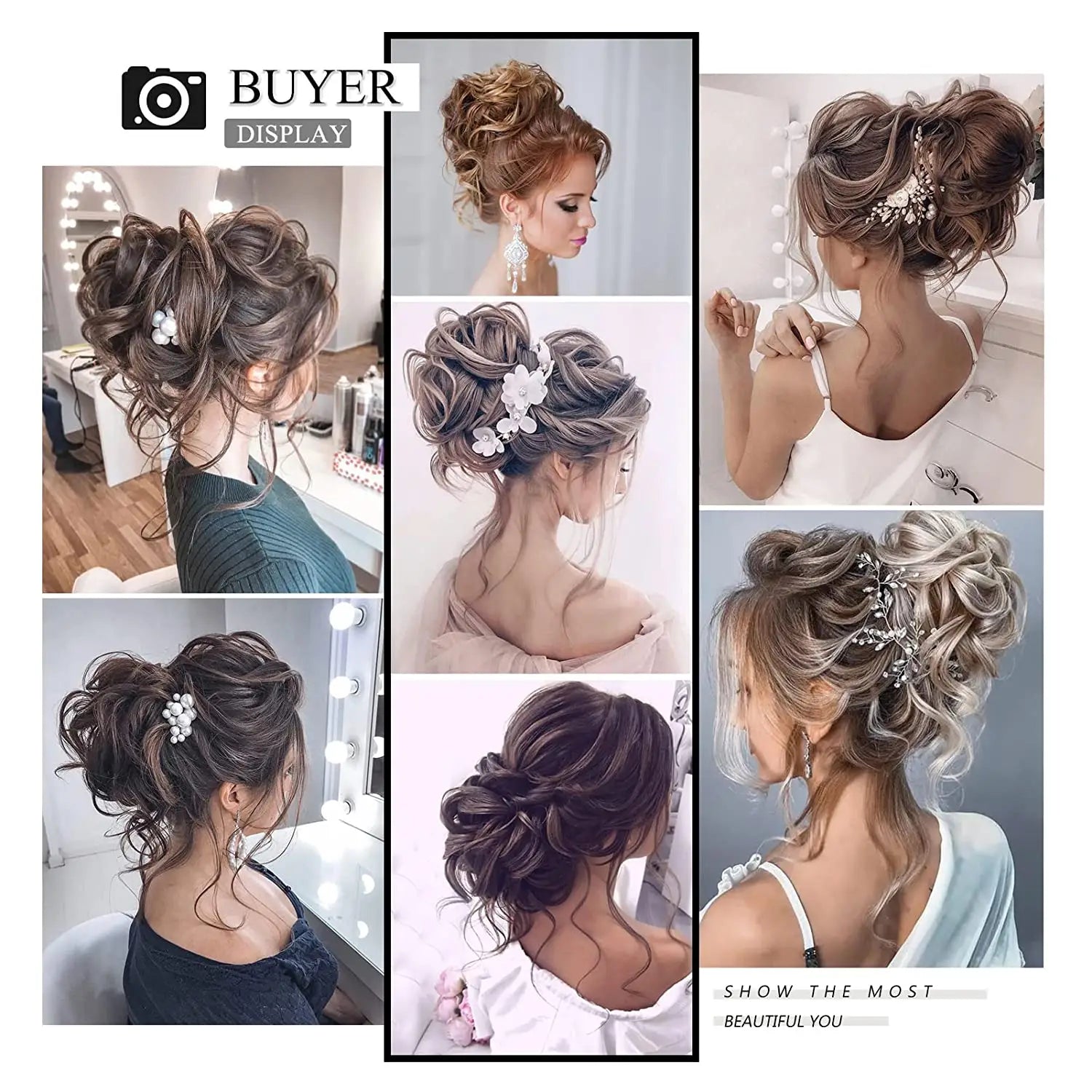 Elegant floral hairpins adorned with delicate pearls and sparkling crystals designed for securing updos on a curly synthetic hair bun scrunchie voluminous hair piece.
