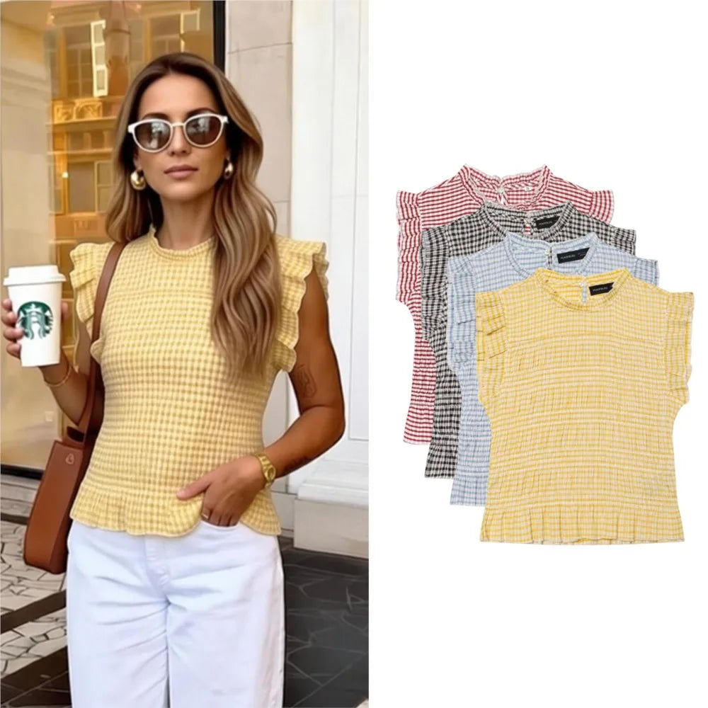 Women Elegant Blouses Summer Female Casual Plaid Sleeveless T-Shitrs Lady Street Chic Commute Tank Tops Trendy Holiday Lady Tops