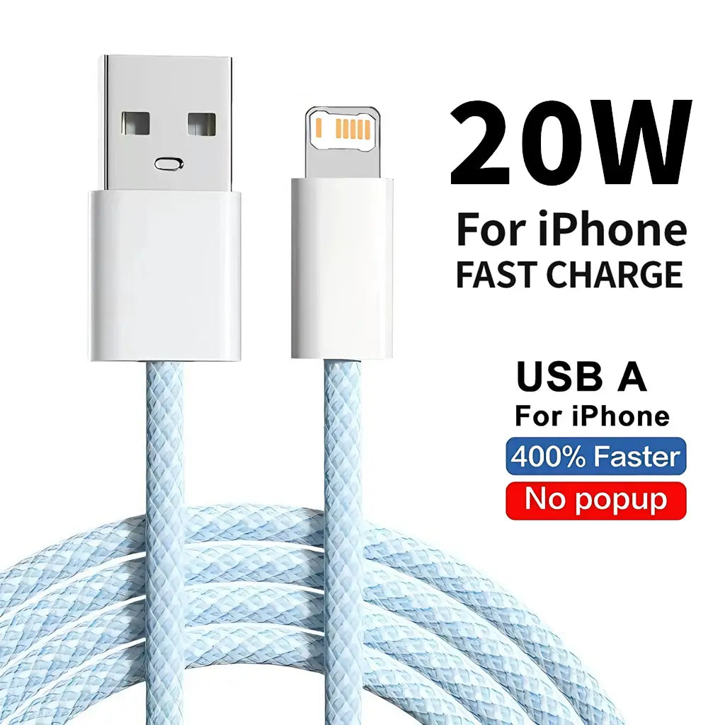 Light blue braided USB-A to Lightning cable for iPhone fast charging with 20w power support.