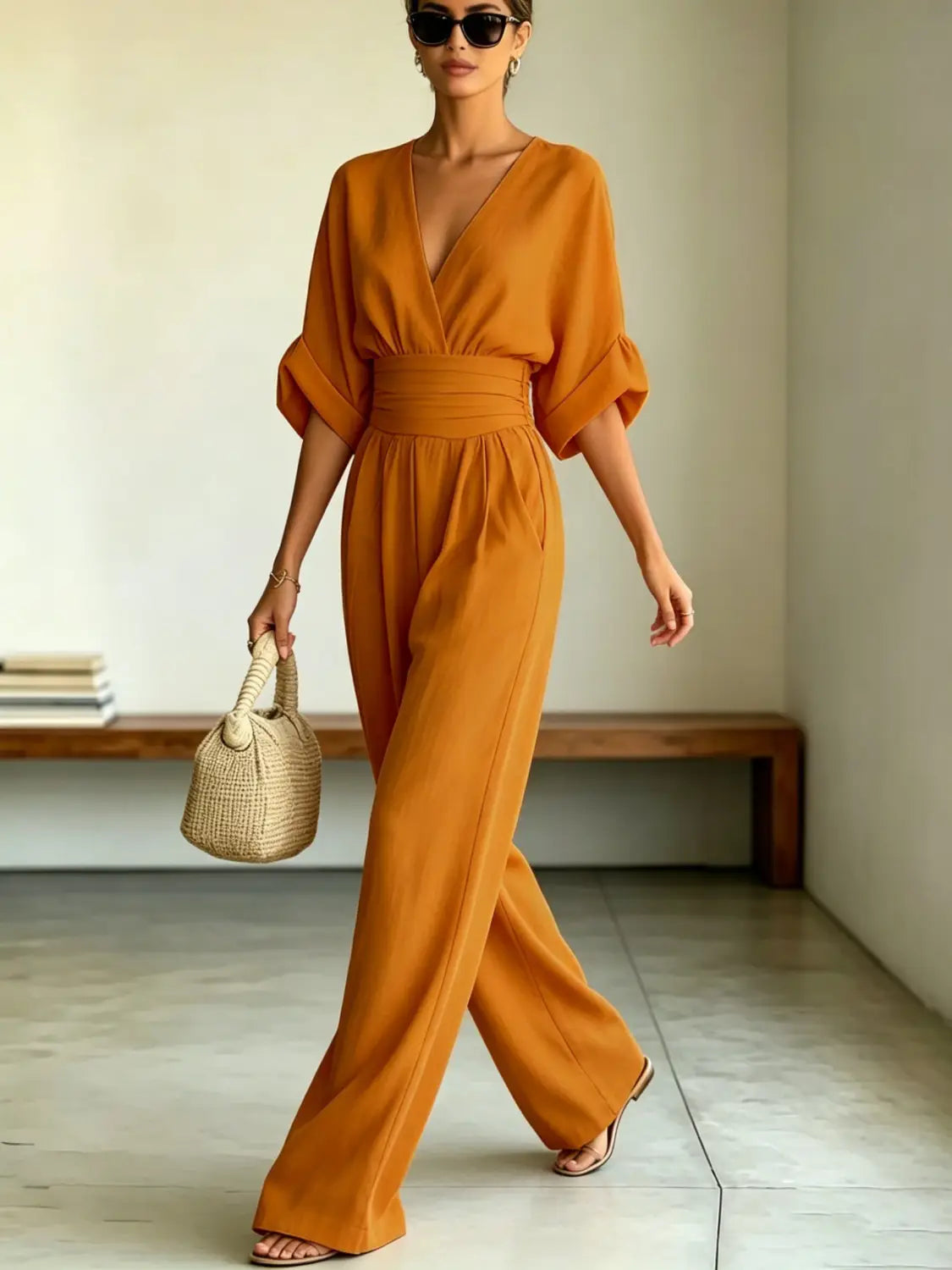 A flowing mustard-yellow wide-leg jumpsuit with a v-neckline, cinched waistband, and three-quarter length sleeves with ruffled cuffs.
