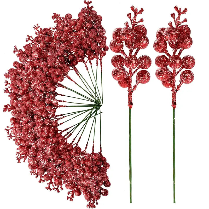 sparkly red berry clusters on green stems in a 20pcs christmas decoration flower bouquet featuring christmas decoration glitter for holiday decor