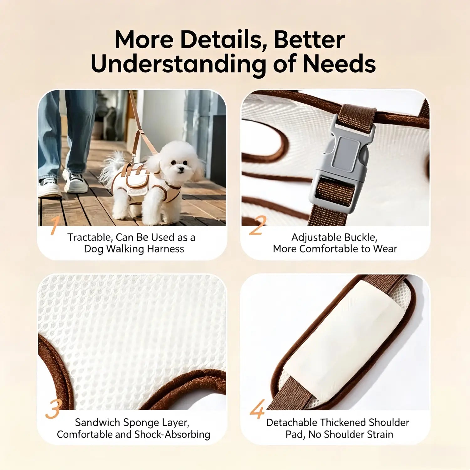 brown and white mesh dog harness with adjustable buckle and detachable shoulder pad for a cream dog carrier backpack medium size