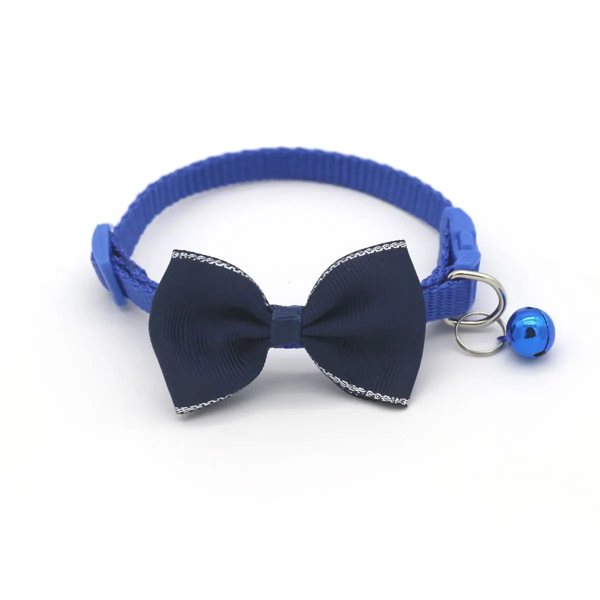 Blue cat collar bowtie set with navy blue bow tie featuring silver chain trim and matching adjustable blue bell.