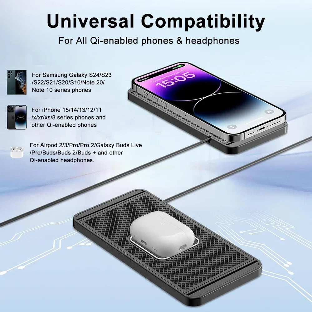 15W Fast Car Wireless Charging Pad Anti Slip Phone Charger Mat For Vehicles Universal Fit Case Friendly Safety Protection