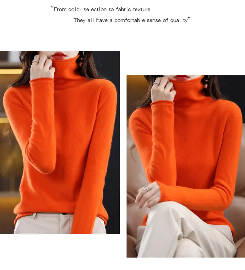 Vibrant orange merino wool turtleneck sweater for women featuring a high neck and long sleeves with soft comfortable knit fabric texture.