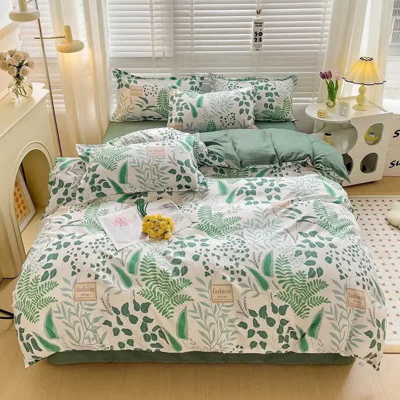 Grün-weißes botanisches Print-Motiv, niedliches Hasen-Kinder-Bettwäscheset in der Größe Queen/King, mit einem weich strukturierten Stoff-Finish.