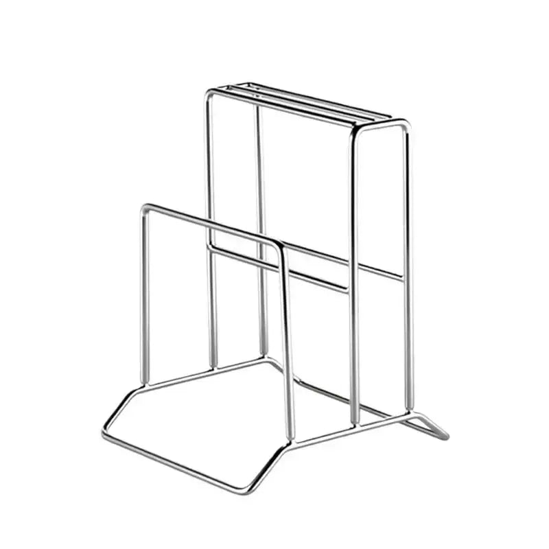 Organisateur de couteaux de cuisine en acier inoxydable avec support pour planche à découper, comprenant un égouttoir à deux niveaux minimaliste et élégant pour organiser des assiettes ou des bols.
